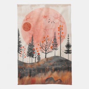 Terracotta Moon Copper Autumn Folk Forest Art Tea Towel