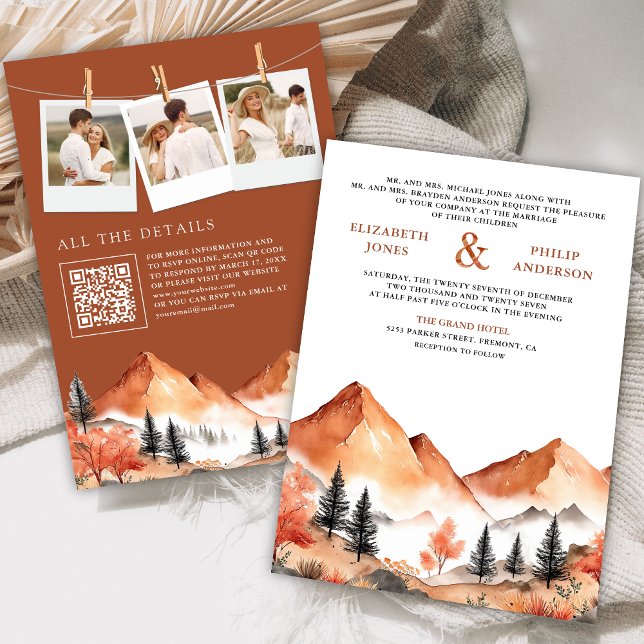 Terracotta Mountain Forest Photo QR Code Wedding Invitation (Creator Uploaded)