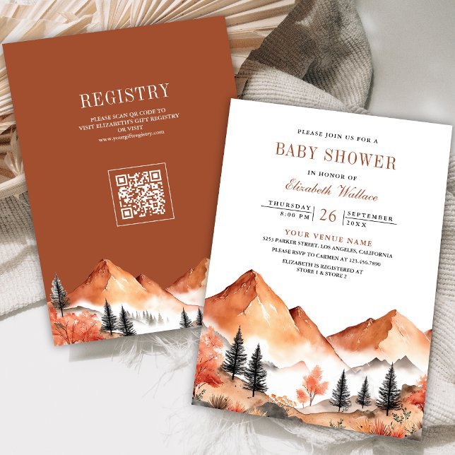 Terracotta Mountain Forest QR Code Baby Shower Invitation (Creator Uploaded)