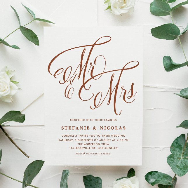 Terracotta Mr and Mrs Rustic Calligraphy Wedding Invitation Postcard (Terracotta Mr and Mrs Rustic Calligraphy Wedding Invitation Postcard)