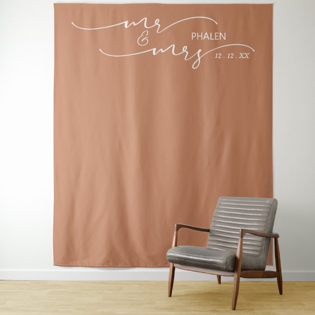 Terracotta Mr. and Mrs. Wedding Photo Banner Tapestry (In Situ)