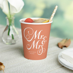 Terracotta Mr. & Mrs. personalised rustic wedding Paper Cups
