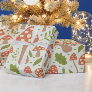 Terracotta Mushrooms with Green Leaves  Wrapping Paper