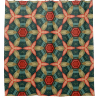 Terracotta, mustard, teal and green geometric shower curtain