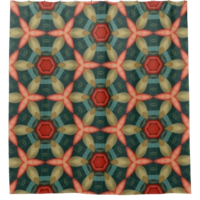Terracotta, mustard, teal and green geometric shower curtain (Front)