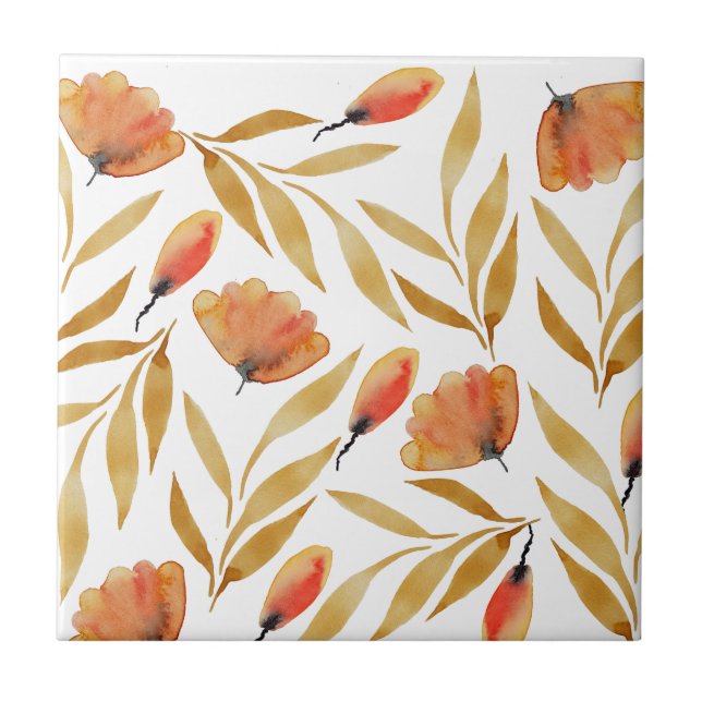Terracotta Mustard Yellow Floral Ceramic Tile (Front)