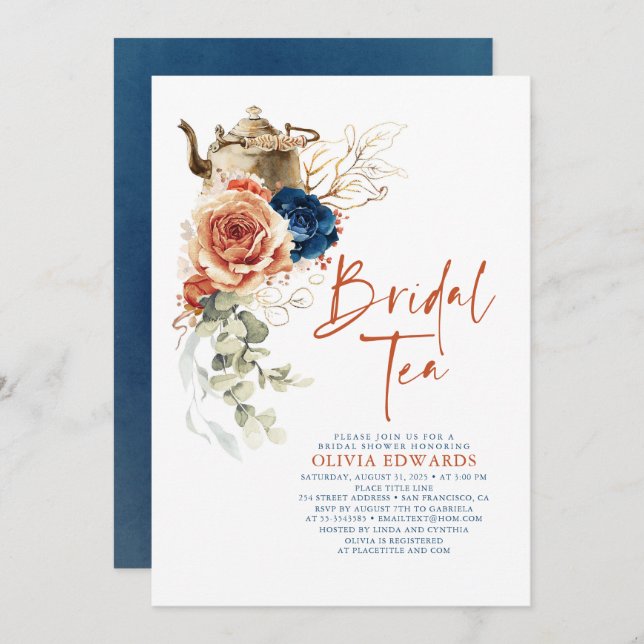 Terracotta Navy Blue Boho Bridal Shower Tea Party Invitation (Front/Back)