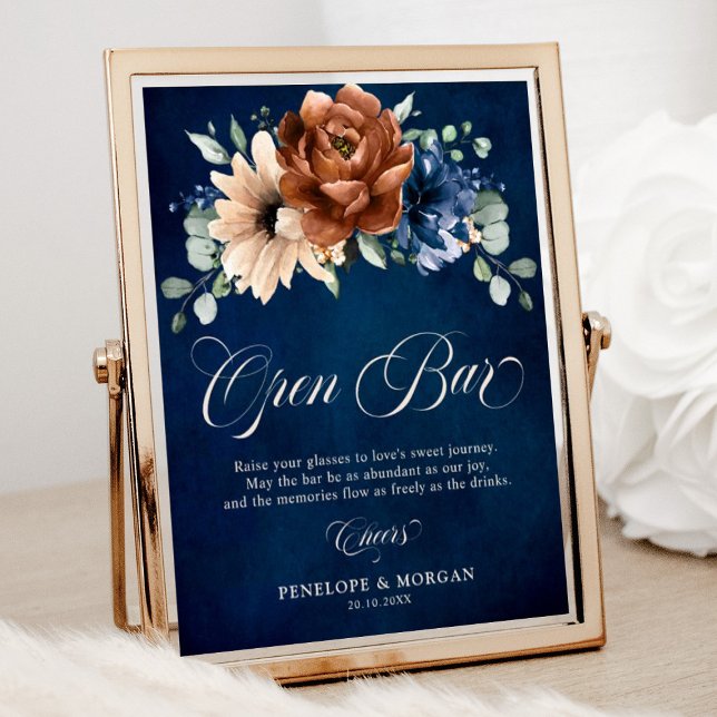 Terracotta Navy Blue Bridal Shower Open Bar Sign (Terracotta Navy floral open bar sign)