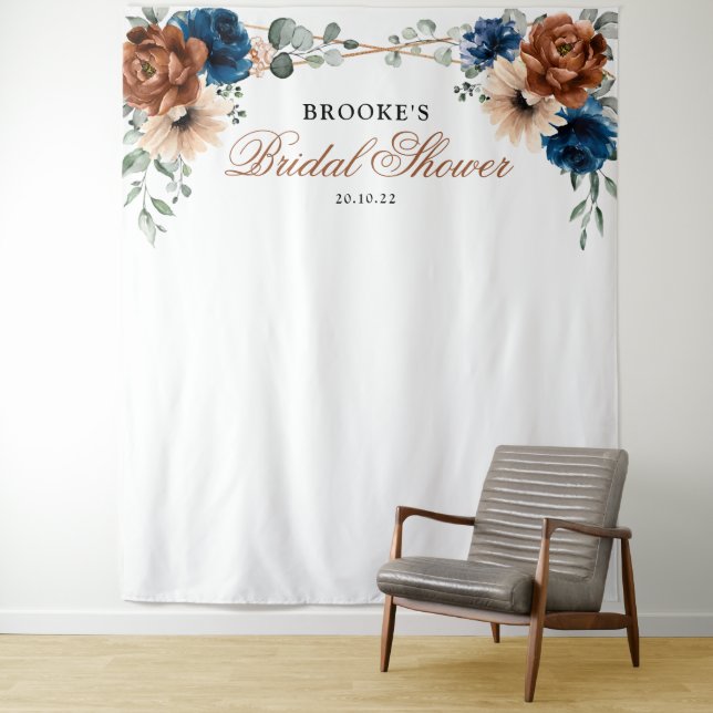 Terracotta Navy Blue Bridal shower Photo Backdrop Tapestry (In Situ)