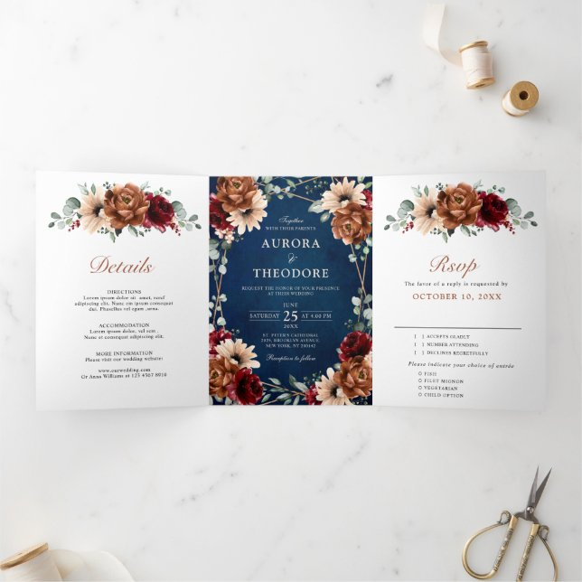 Terracotta Navy Blue Burgundy Geometric Wedding Tri-Fold Announcement (Inside)