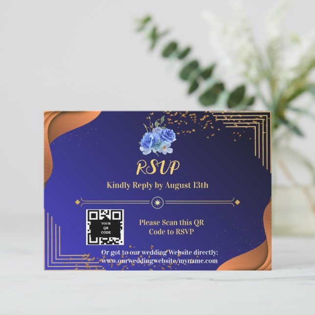 Terracotta Navy Blue Elegant RSVP Card (Standing Front)