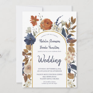 Terracotta Navy Blue Floral Boho Wedding Invitation