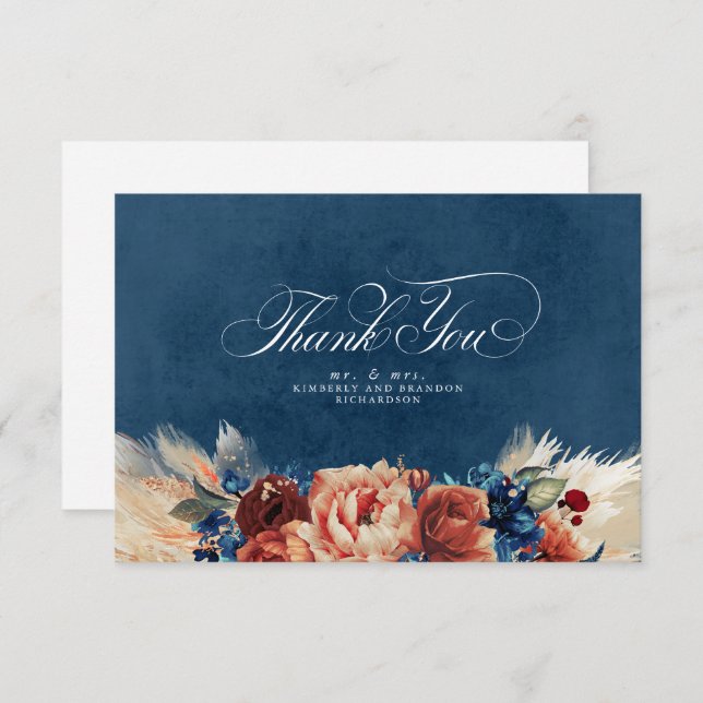 Terracotta Navy Blue Floral Boho Wedding Thank You (Front/Back)