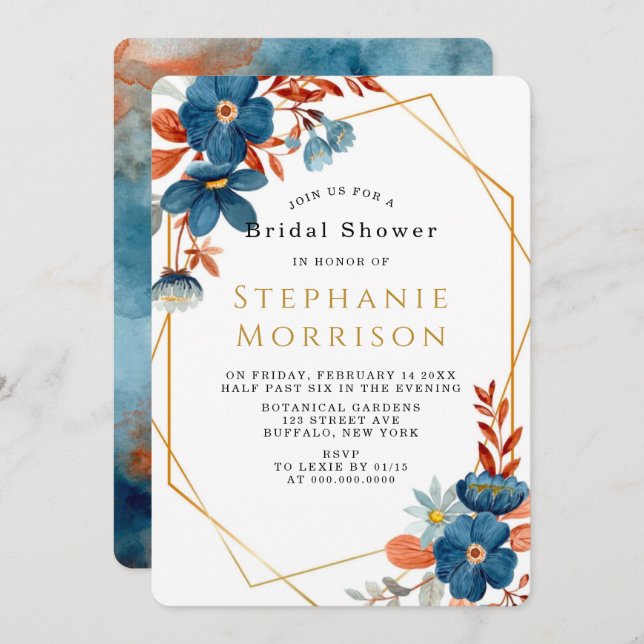 Terracotta Navy Blue Floral Bridal Shower Invitation (Front/Back)