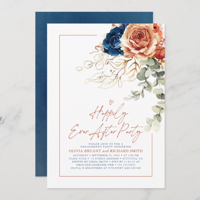 Terracotta & Navy Blue Floral Engagement Party Invitation (Front/Back)