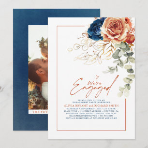 Terracotta & Navy Blue Floral Engagement Party Invitation