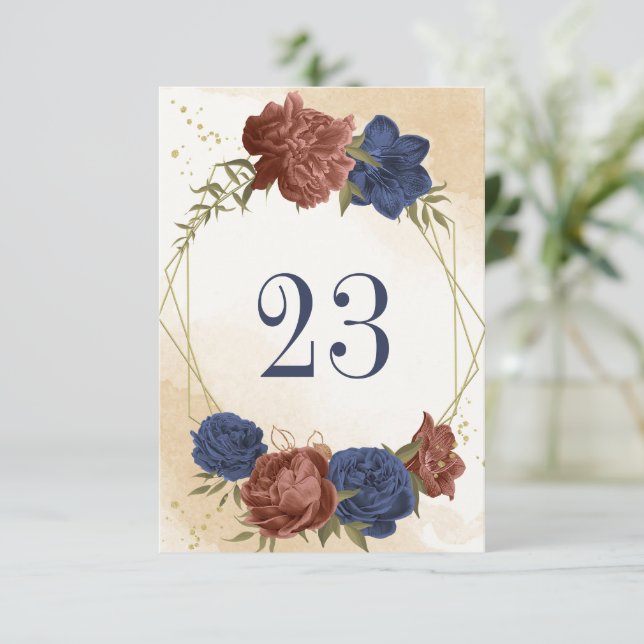 terracotta navy blue floral geometric table number (Standing Front)
