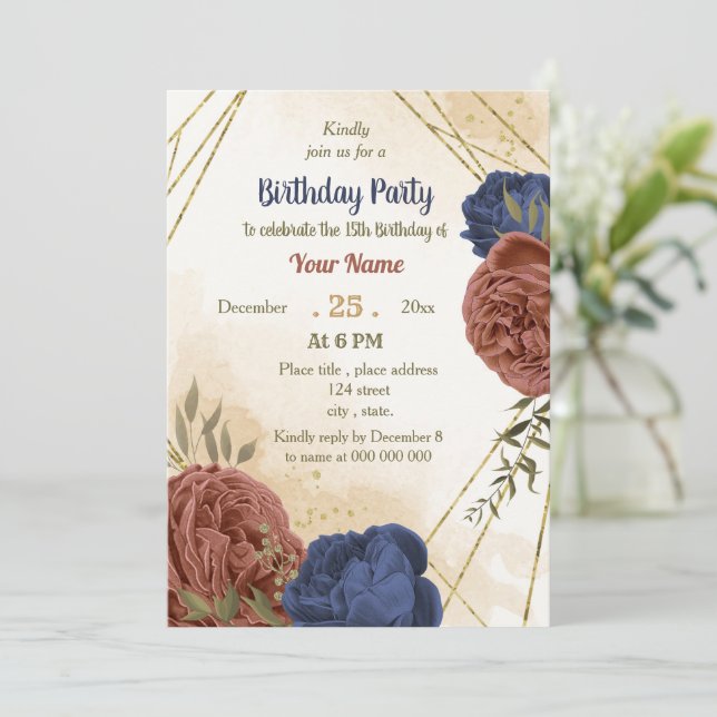terracotta navy blue floral greenery birthday  invitation (Standing Front)