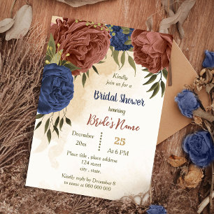 terracotta navy blue floral greenery bridal shower invitation