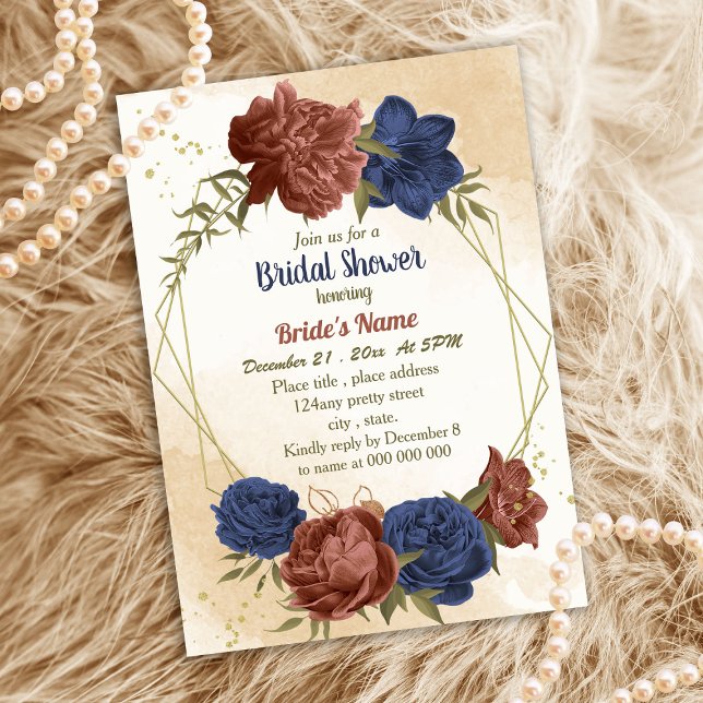 terracotta navy blue floral greenery bridal shower invitation (Creator Uploaded)