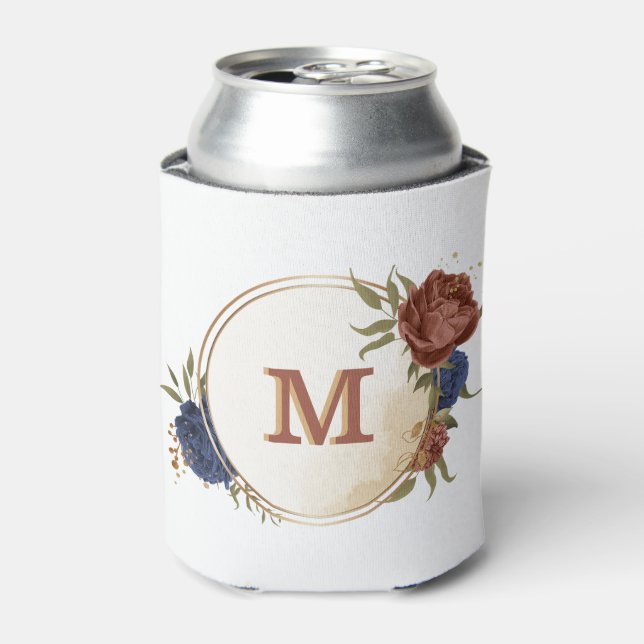 terracotta navy blue floral greenery monogram can cooler (Can Front)