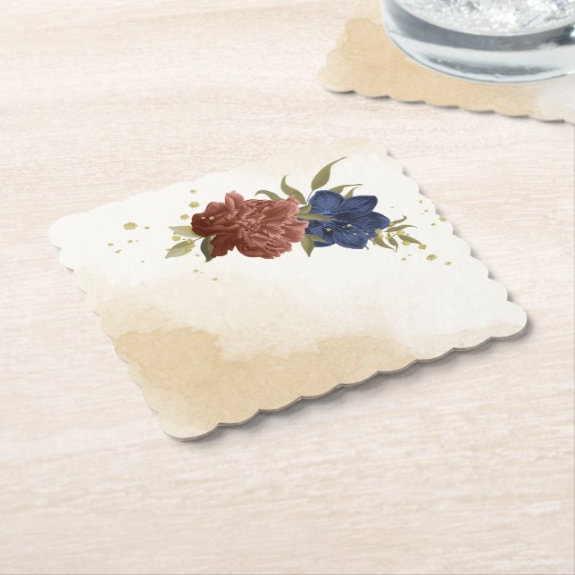 terracotta navy blue floral greenery paper coaster (Angled)