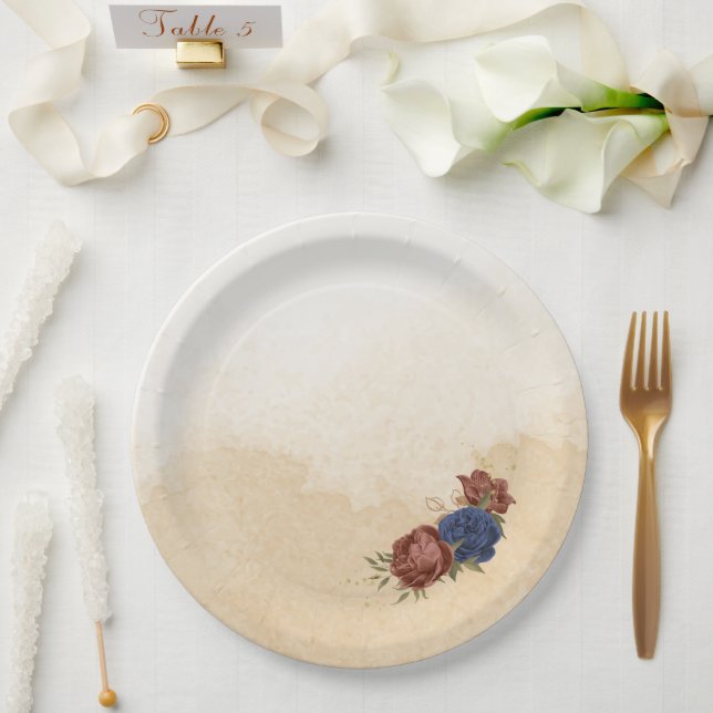 terracotta navy blue floral greenery paper plate (Wedding)