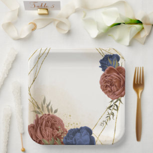 terracotta navy blue floral greenery paper plate