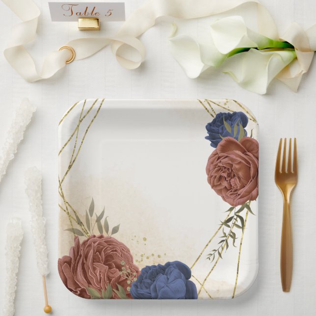 terracotta navy blue floral greenery paper plate (Wedding)