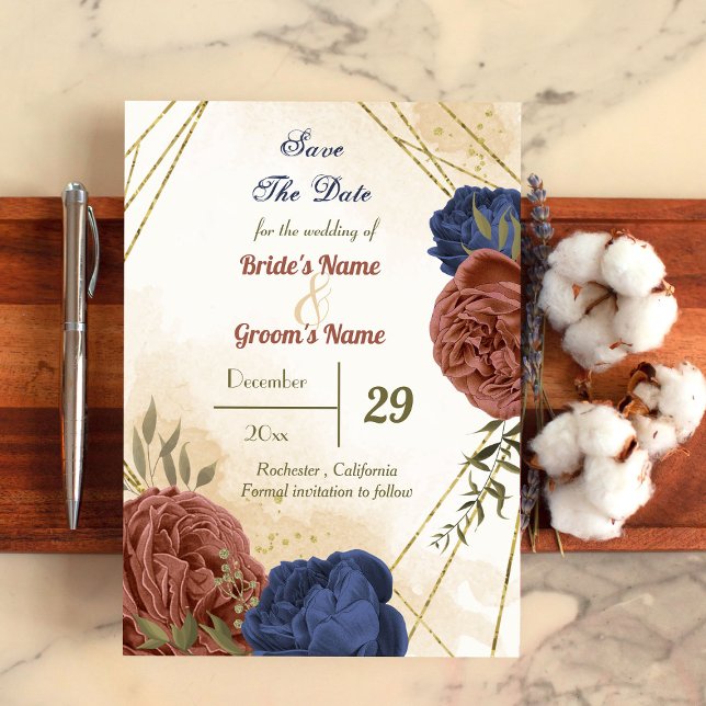 terracotta navy blue floral greenery save the date (Creator Uploaded)
