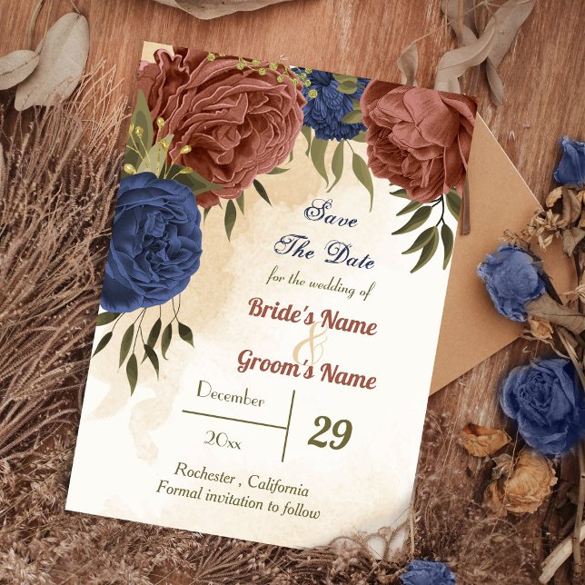 terracotta navy blue floral greenery save the date (Creator Uploaded)