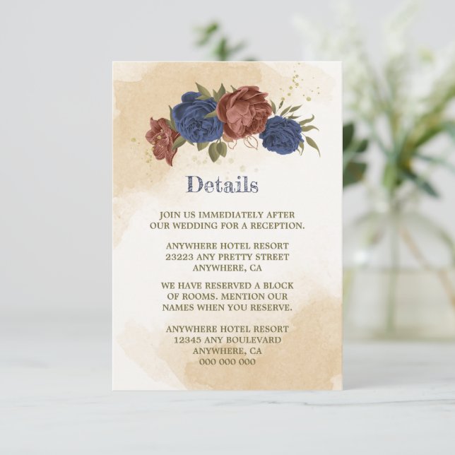 terracotta navy blue floral greenery wedding enclosure card (Standing Front)