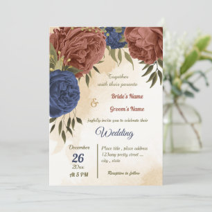 terracotta navy blue floral greenery wedding invitation