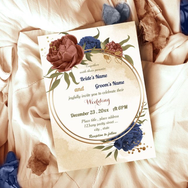 terracotta navy blue floral greenery wedding invitation (Creator Uploaded)