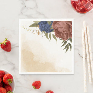 terracotta navy blue floral greenery wedding napkin