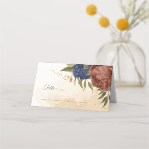 terracotta navy blue floral greenery wedding place card