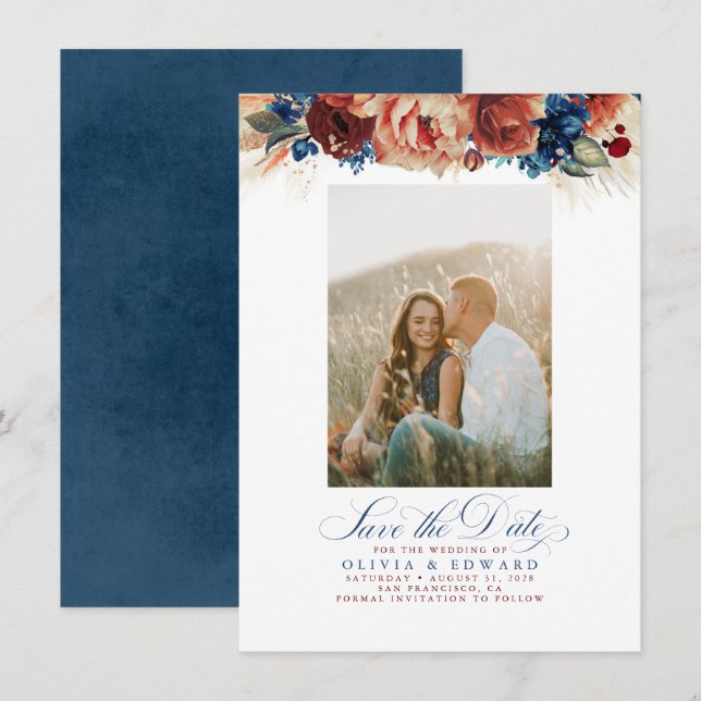 Terracotta Navy Blue Floral Save The Date Photo (Front/Back)