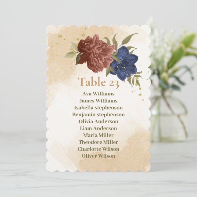 terracotta navy blue floral seating chart card (Standing Front)