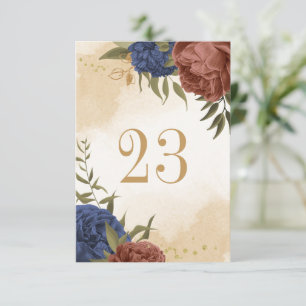 terracotta navy blue floral table number