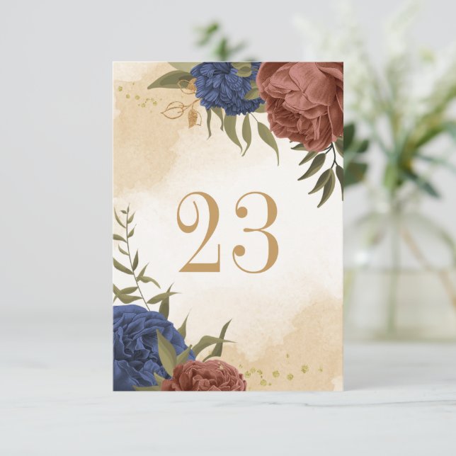 terracotta navy blue floral table number (Standing Front)