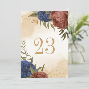 terracotta navy blue floral table number