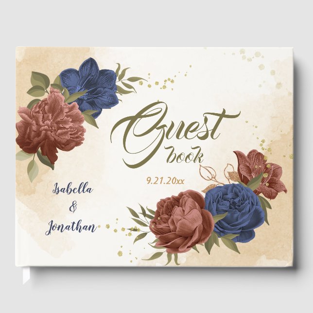 terracotta navy blue floral wedding guest book (Front)