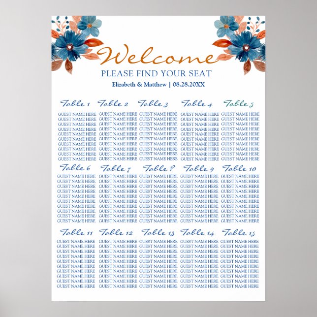 Terracotta Navy Blue Floral Wedding Seating Chart (Front)
