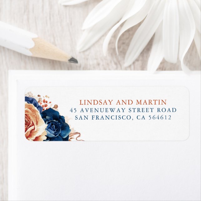 Terracotta Navy Blue Flowers Elegant Boho Label Return Address Label (Insitu)