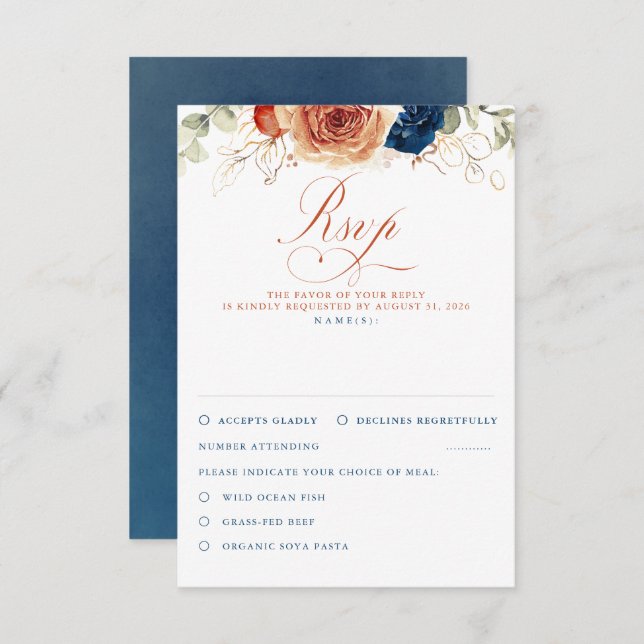 Terracotta Navy Blue Flowers Wedding RSVP (Front/Back)