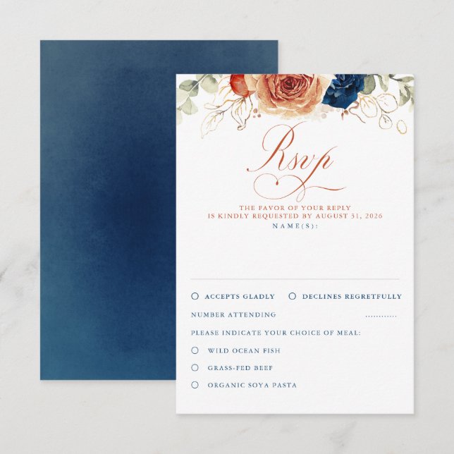 Terracotta Navy Blue Flowers Wedding RSVP Card (Front/Back)
