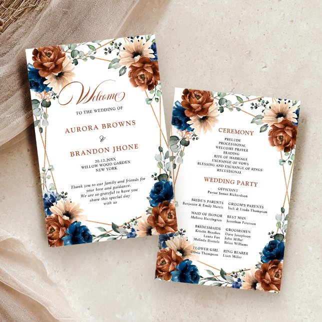 Terracotta Navy Blue Geometric Wedding Program (Terracotta Navy Blue Geometric Wedding Program)