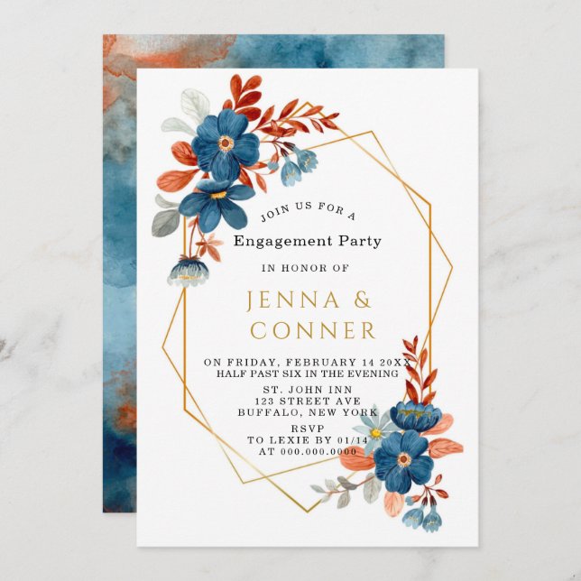 Terracotta Navy Blue Gold Floral Engagement Party Invitation (Front/Back)