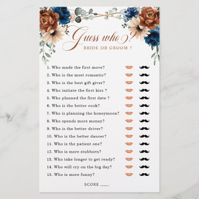 Terracotta Navy Blue Greenery Bridal Shower Game (Front)