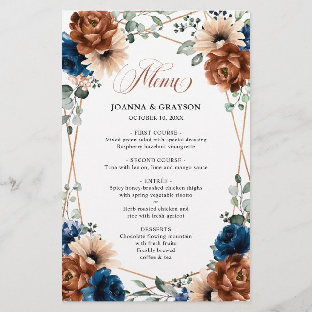 Terracotta Navy Blue Greenery Geometric Menu     (Front)